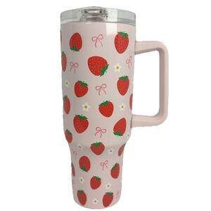 Strawberry Bow Tumbler 40oz Pink Travel Mug Handle Lid Market Square Cute